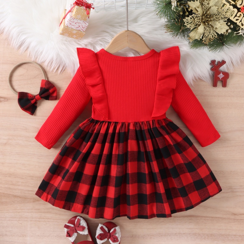 👑龍年新衣👑 女童聖誕洋裝 送髮帶 秋冬款 坑條棉 紅色格子 兒童長袖洋裝 嬰兒過年衣服 聖誕節服裝 #462