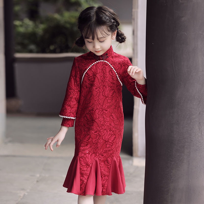 女童加絨旗袍裙中國風小女孩紅色中式花童禮服兒童新款秋冬季長袖Fashion SHOP