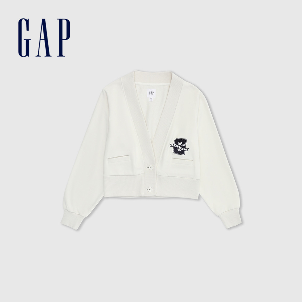 Gap 女裝 Logo印花V領針織外套 碳素軟磨法式圈織系列-米白色(430345)