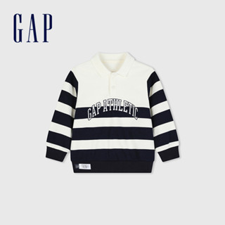 Gap 男幼童裝 Logo印花翻領長袖上衣-藍白撞色(891597)