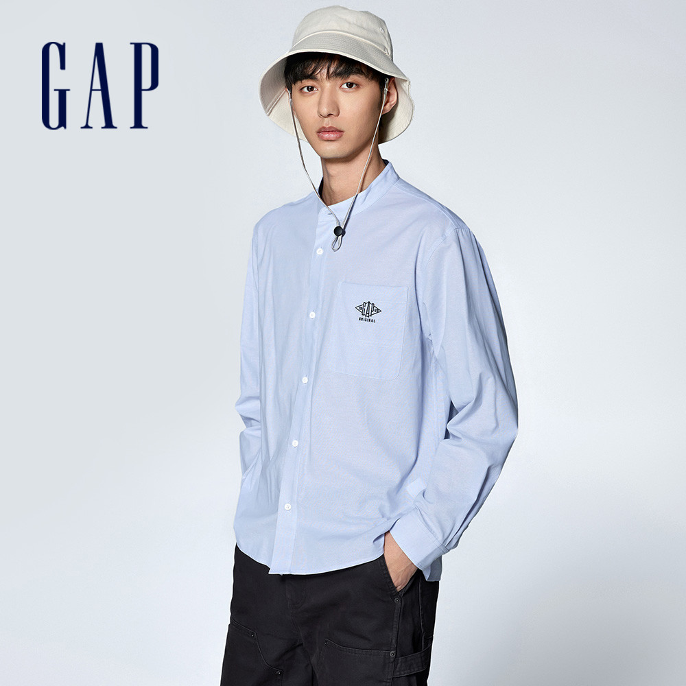 Gap 男裝 Logo純棉印花圓領長袖襯衫-藍色(890935)