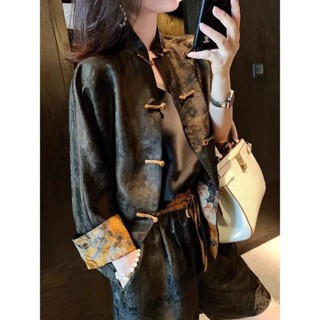 新中式提花女裝 氣質通懃中式套裝 長袖盤扣立領襯衫 闊腿短褲 香雲紗兩件套 M2JA