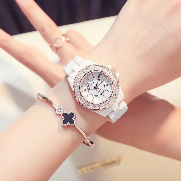 24小時出貨🔥 陶瓷手錶女白色小香J12鑲鉆女錶韓版夜光防水石英錶簡約學生