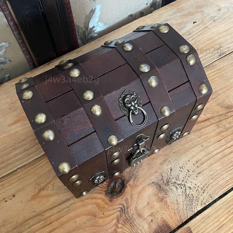 優選/歐式海盜藏寶箱做舊老式配鎖複古木箱銅釘扣裝飾創意劇本殺收納箱