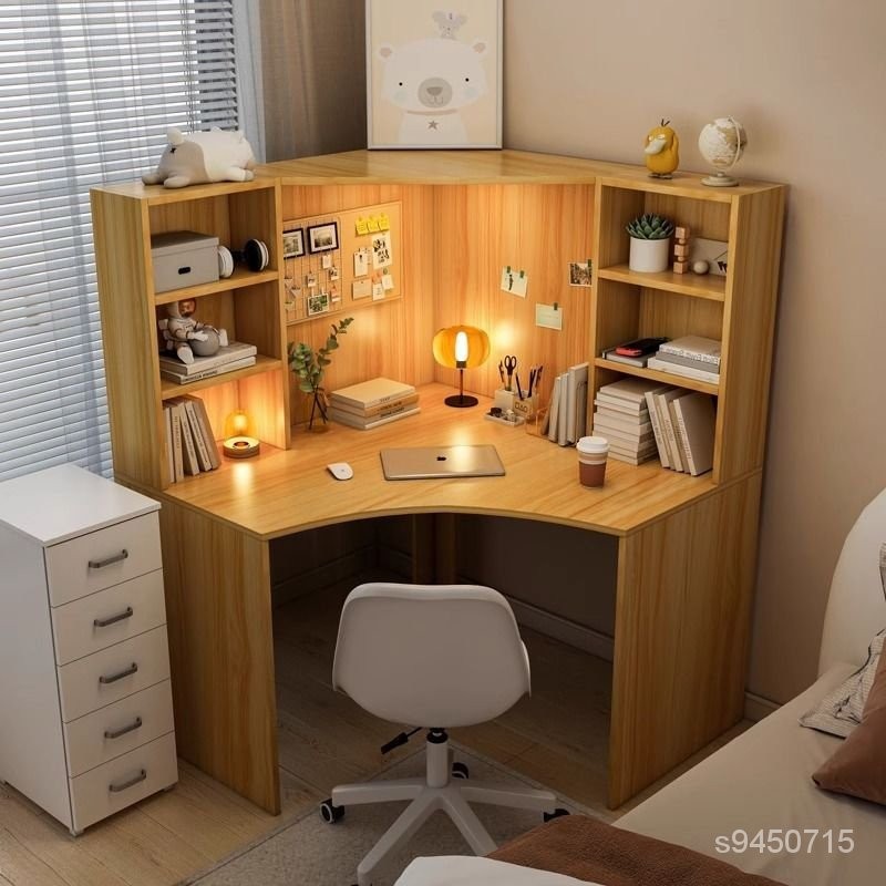 免運可代客組裝實木轉角電腦桌書桌書架組閤一體臺式學生寫字書櫃傢用臥室學習桌