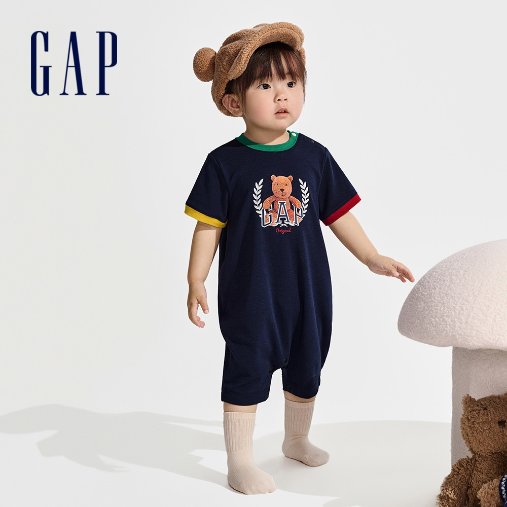 Gap 嬰兒裝 Logo小熊印花圓領短袖包屁衣/連身衣-海軍藍(890354)