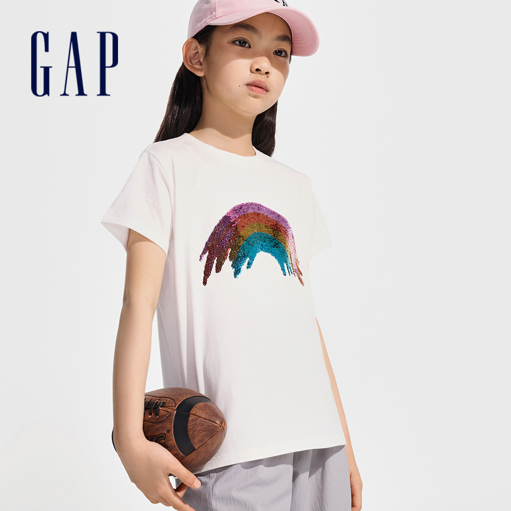 Gap 女童裝 純棉趣味圓領短袖T恤-米白色(890400)