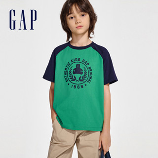 Gap 兒童裝 Logo/小熊印花純棉圓領短袖T恤-藍綠撞色(890474)