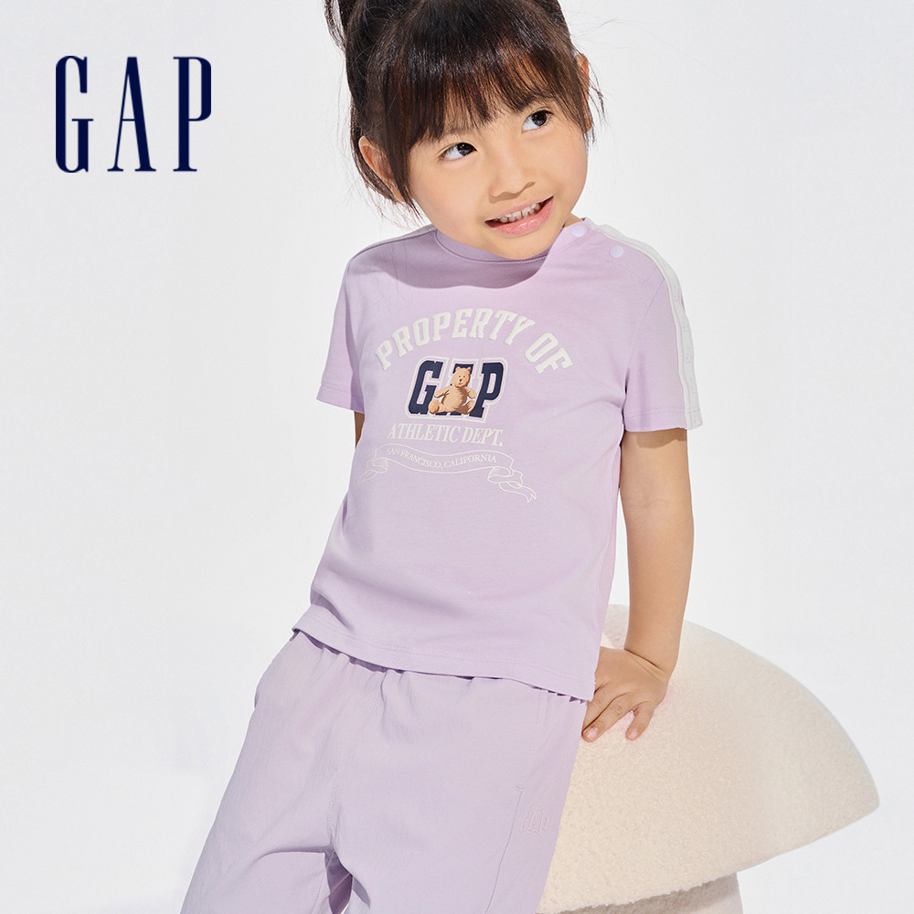 Gap 女幼童裝 Logo純棉小熊印花圓領短袖T恤-紫色(892057)