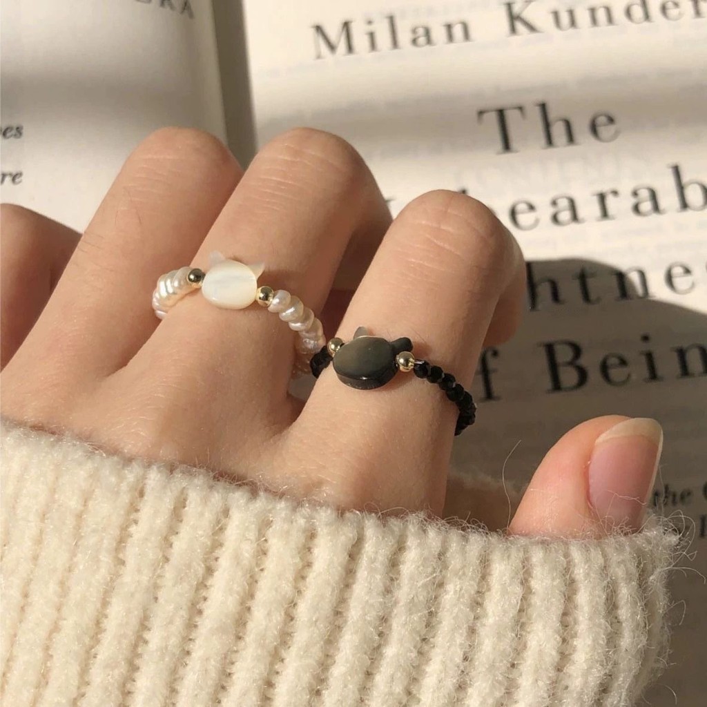 「水噹噹」小貓咪情侶戒指女黑白串珠可愛甜美對戒指環可調節送女友閨蜜禮物