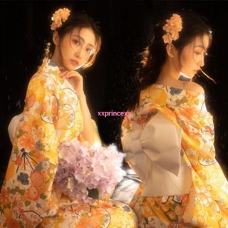 神明少女日本改良中國風春秋和服浴衣黃色和風復古文藝連衣裙寫真