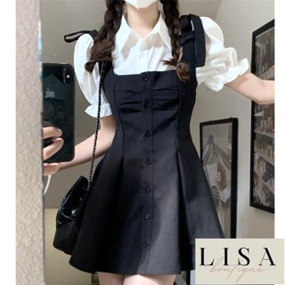 [LISA]吊帶裙套裝 學院風套裝 白色泡泡袖襯衣 甜美洋裝 蝴蝶結 係帶收腰連身裙 黑色洋裝 白襯衫洋裝