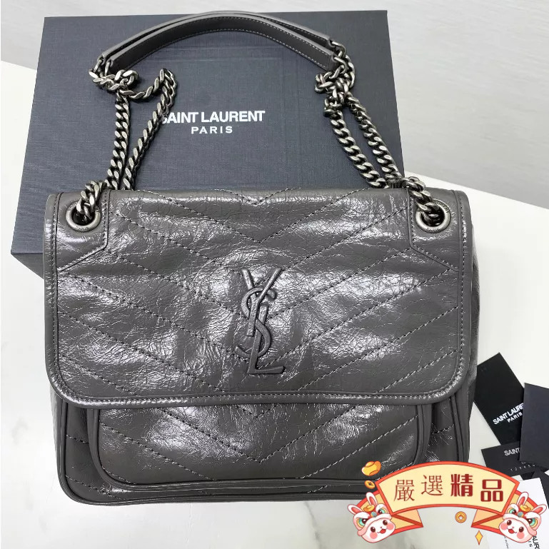 二手 YSL（聖羅蘭）NIKI BABY 中號 深灰色 柔軟油蠟皮流浪包 郵差包6331580