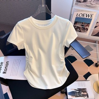 純棉短袖T恤女夏季款設計感小衆褶皺收腰上衣不規則弧形下擺體恤TY9W
