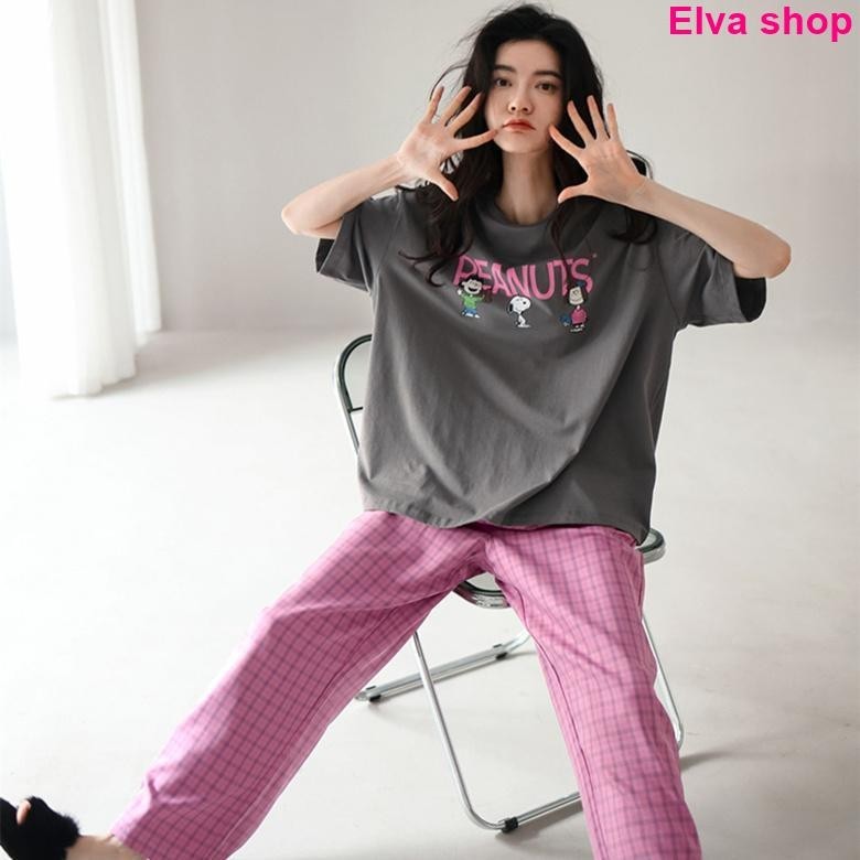 【Elva shop】短袖長褲睡衣 韓版新款史努比睡衣女夏季短袖長褲格子網紅風寬松可外出家居服套