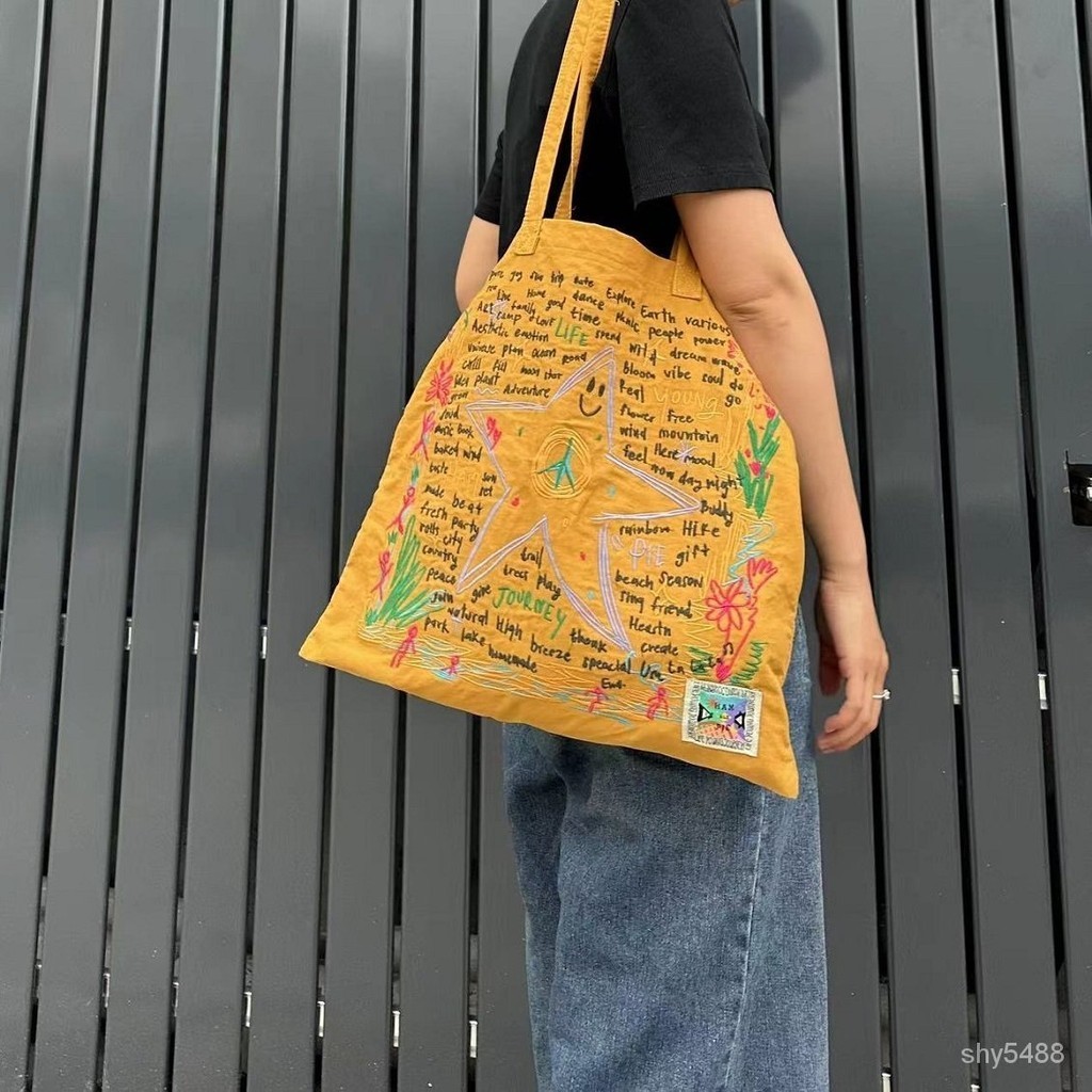 泰國小衆hamblepie刺繡帆佈包大容量複古單肩託特包時尚購物袋台灣出貨· GZMJ