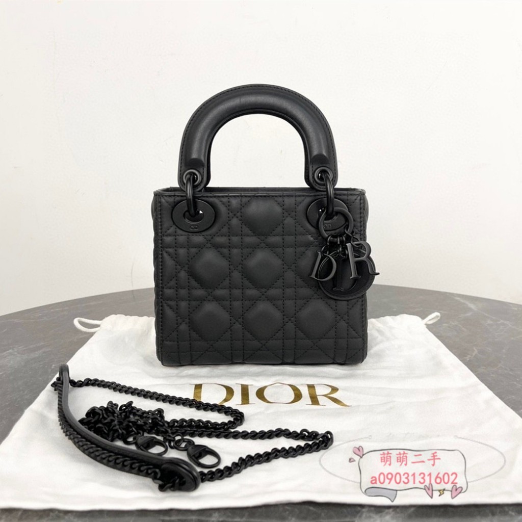 二手Dior迪奧 Lady Dior 經典啞光 三格藤格紋 迷你 So Black磨砂黑 戴妃包 斜挎包 手提包
