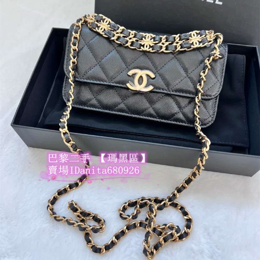 巴黎二手 CHANEL 香奈兒 22k 雙鏈條手機包mini woc 牛皮 手機包 鏈條小包 手提 斜跨 AP3021