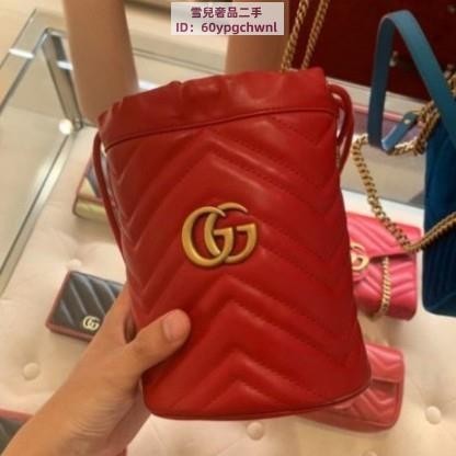 雪兒二手 Gucci GG Marmont mini bucket bag 575163 迷你水桶包 紅色 斜背包 抽繩