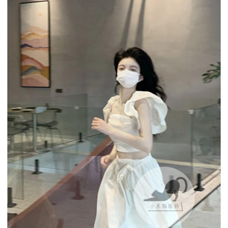 黑貓2024時尚百搭小眾原創設計一字領上衣係結A字裙少女套裝超顯瘦夏
