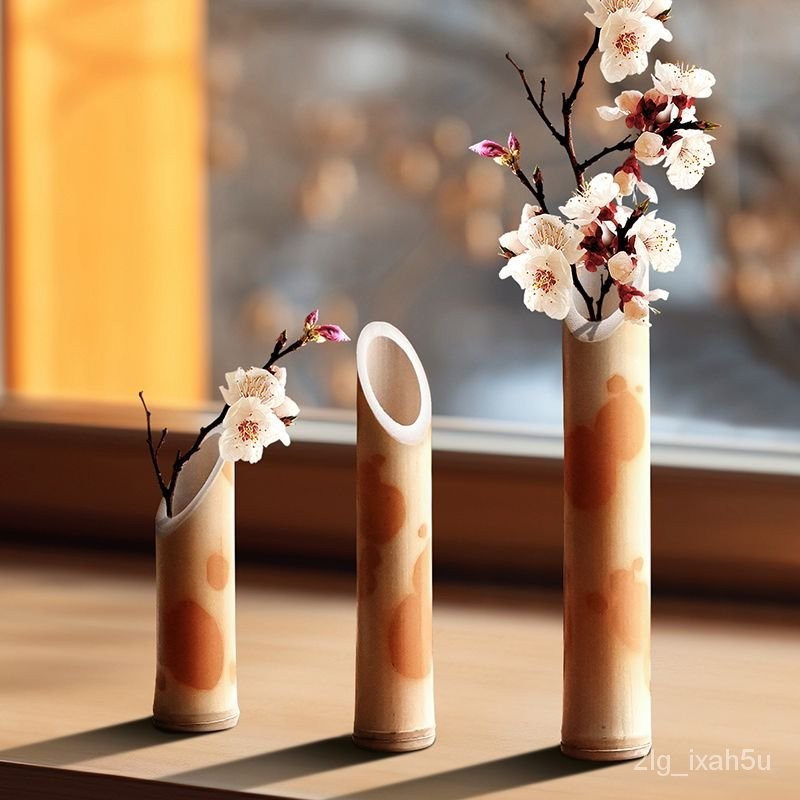 竹筒花瓶 中式婚禮插花擺件 竹筒裝飾花器天然竹製工藝品擺件定製