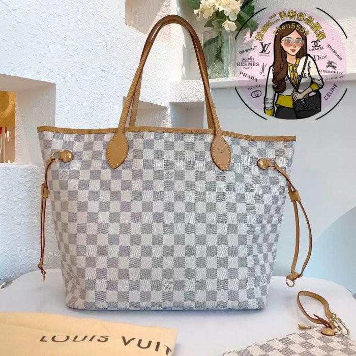 Shaw二手 LV 路易威登 Neverfull 白色棋盤格托特包 中號子母包 手提包 單肩包 購物袋 N41361