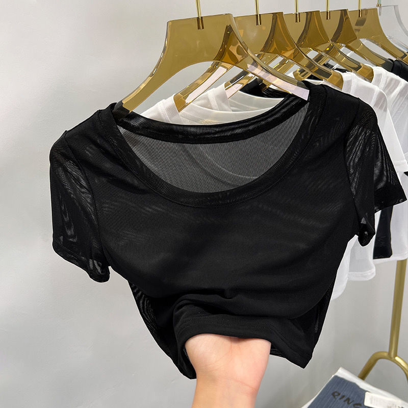 透視半截網紗打底衫女短袖T恤內搭性感緊身薄紗半身短款蕾絲上衣YKD1