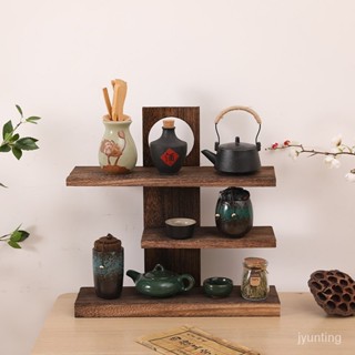 茶架 博古架 茶具收納置物 小多層桌麵實木複古茶具擺件傢用茶杯架茶壺架子置物架展示-桃園出貨 MMZP