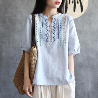棉麻上衣💕 簡約刺繡寬松文藝小v領竹節棉上衣女夏季百搭復古棉麻短袖t恤衫 棉麻襯衫 大尺碼襯衫 大尺碼上衣
