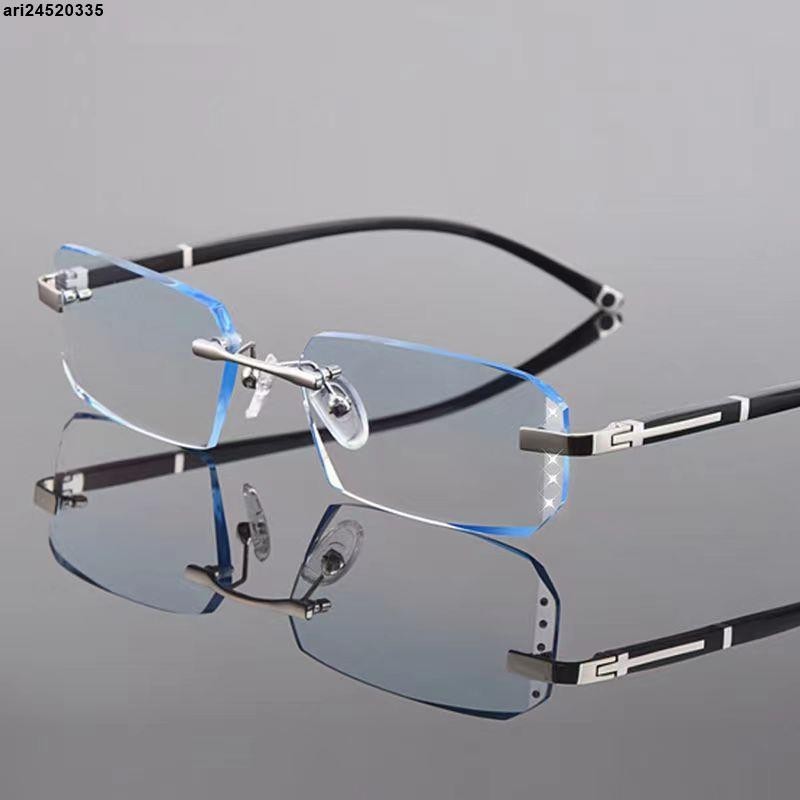 新款無框防藍光變色眼鏡男鉆石切邊平光鏡商務方形眼鏡框可配近視