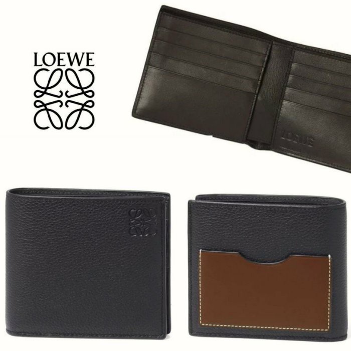 二手 LOEWE ( 深藍黑色×黑色×棕色) LOGO壓紋 真皮兩摺短夾 錢包 皮夾 中性款 現貨