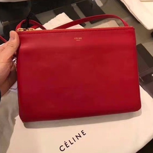 二手 CELINE TRIO 紅色 光滑小羊皮 三重報 三拉鏈 單肩 斜背包現貨