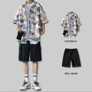 🔥夏威夷風 睡衣 睡袍 情侶睡衣睡褲 可外穿 襯衫 襯褲 夏季短袖夏威夷花襯衫男三件套韓版休閑套裝男帥氣百搭學生短褲潮