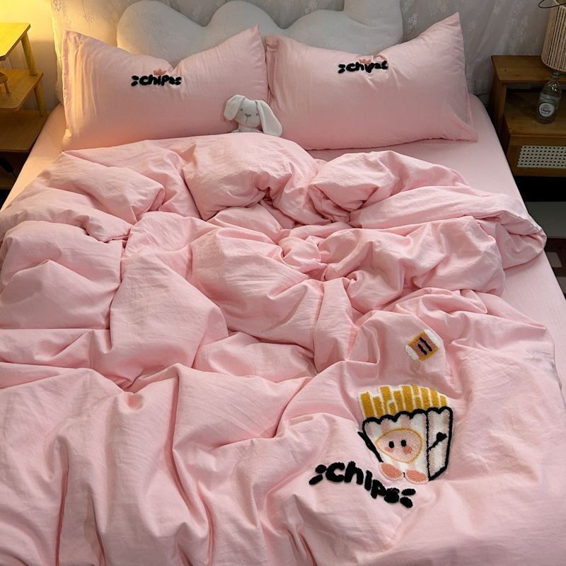 【適合裸睡】A類IG風可愛熊貓卡通毛巾繡水洗棉四件組學生宿舍床單被組三件組雙人 床包 床單 床包組 單人床包 棉被 床單