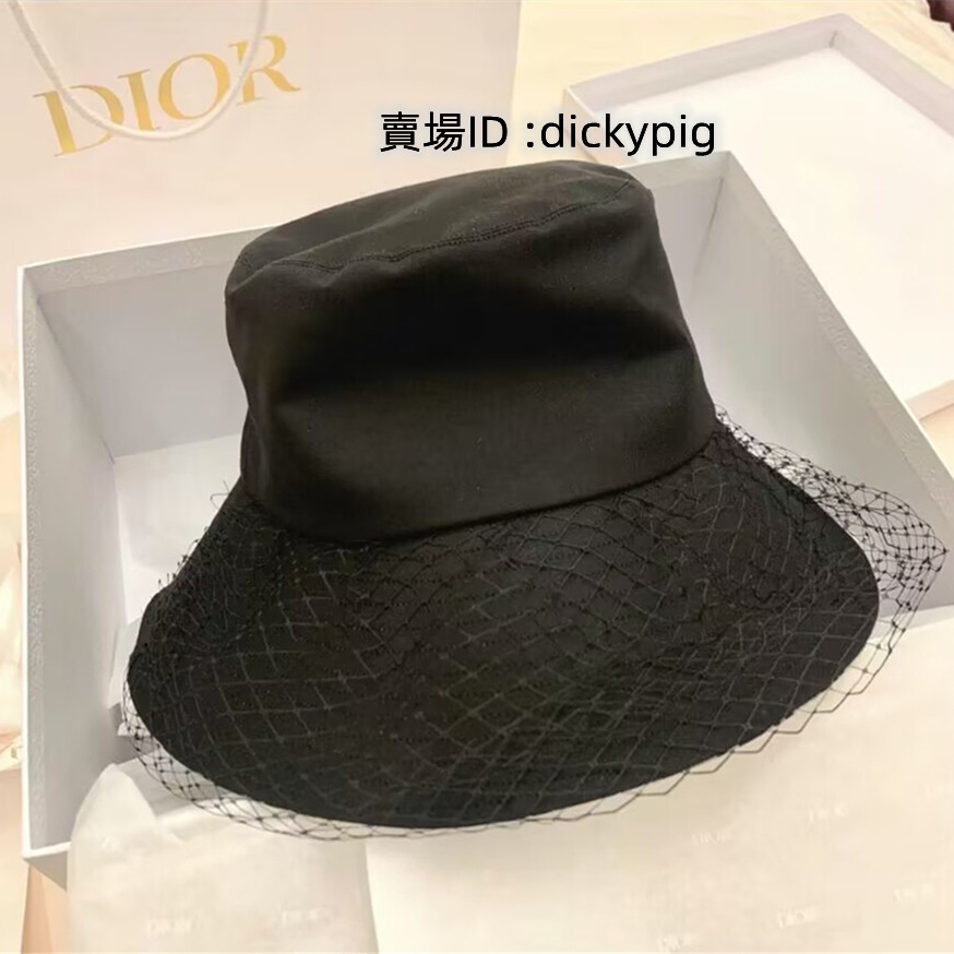 精品二手 迪奧 DIOR TEDDY-D 寬檐漁夫帽連面紗 黑色遮陽帽 logo刺繡 單面 百搭休閒款