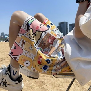 百搭休閒短褲 卡通素色短褲卡通星之卡比短褲男女夏季寬松大碼睡褲休閑褲情侶海邊度假沙灘褲 運動短褲 鬆緊短褲