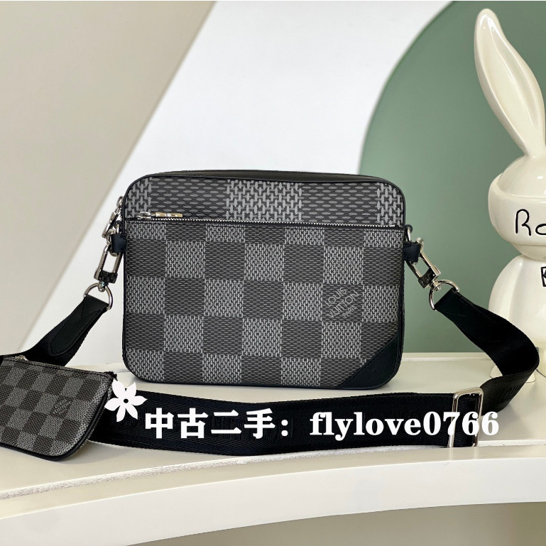 全場免運 LOUIS VUITTON 路易威登 Trio 黑色棋盤格男士LV郵差包/肩背包/斜跨包