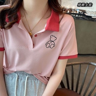 【大尺碼女裝M-5XL 40-150kg】胖mm300斤大尺碼女裝撞色短袖t恤女夏設計感小眾刺繡polo領寬鬆上衣潮