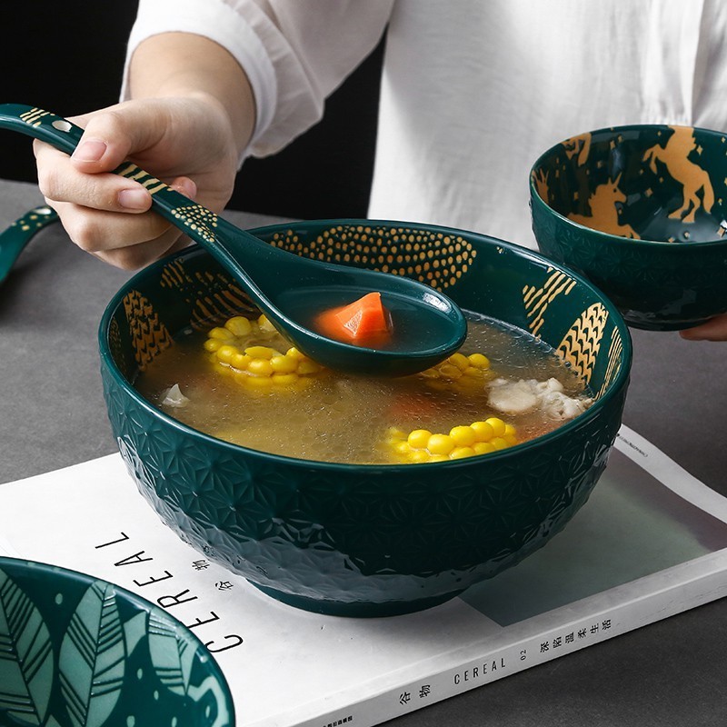 🌓考拉1🌓8寸日式浮雕陶瓷大號湯碗 餐廳家用擺碗防燙大圓碗拉麵碗飯碗大碗公HFGH