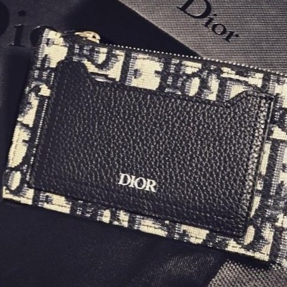 二手 Dior Homme Oblique 海軍藍 緹花 logo 黑皮革 拉鍊 卡片 零錢包