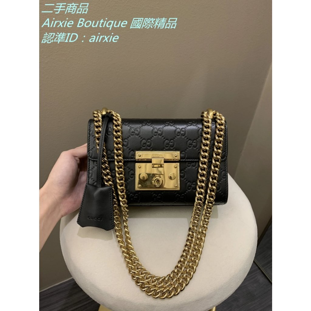 二手精品 古馳 GUCCI Padlock 黑色 壓紋 小號 鎖頭包 鏈條包 單肩包 斜背包 郵差包 409487