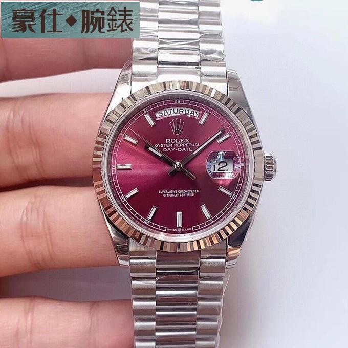 高端 ROLEX 勞力士 星期日歷型系列118239櫻桃色表盤腕表 機械男表直徑：36mm 送調表器