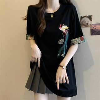 臺灣出貨✨ 短袖 上衣 T恤 短袖女 高階感重工刺繡黑色短袖恤女2024夏新款大碼寬鬆新中式國風上衣