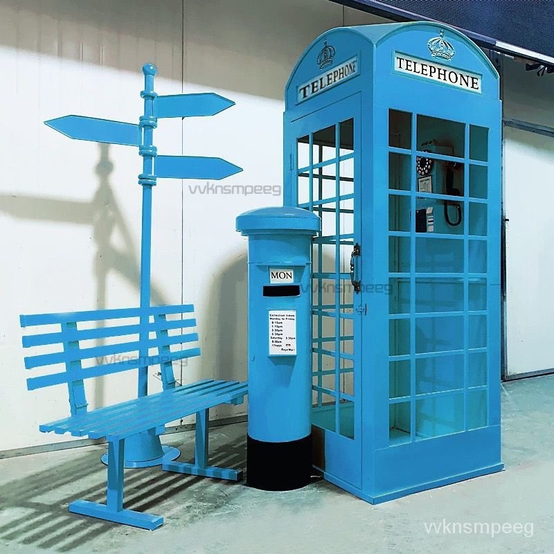 （復古電話亭）（保固售後）復古英倫粉色亭郵筒加油機模型擺件鐵藝路牌指示牌攝影道具