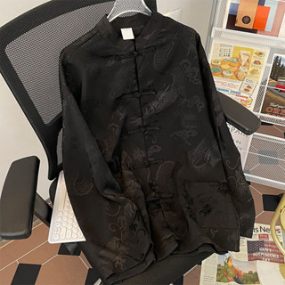 臺灣出貨⚡大尺碼唐裝 中國風 復古唐裝 新中式襯衫 傳統服飾 冰絲襯衣 暗龍紋盤扣 休閑 春秋季 襯衫 外套 男女可穿