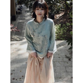 臺灣出貨⚡改良式漢服 新中式旗袍 中國風服飾 新中式上衣 禪意茶服 半身裙套裝女 夏季復古盤扣棉麻上衣兩件套女