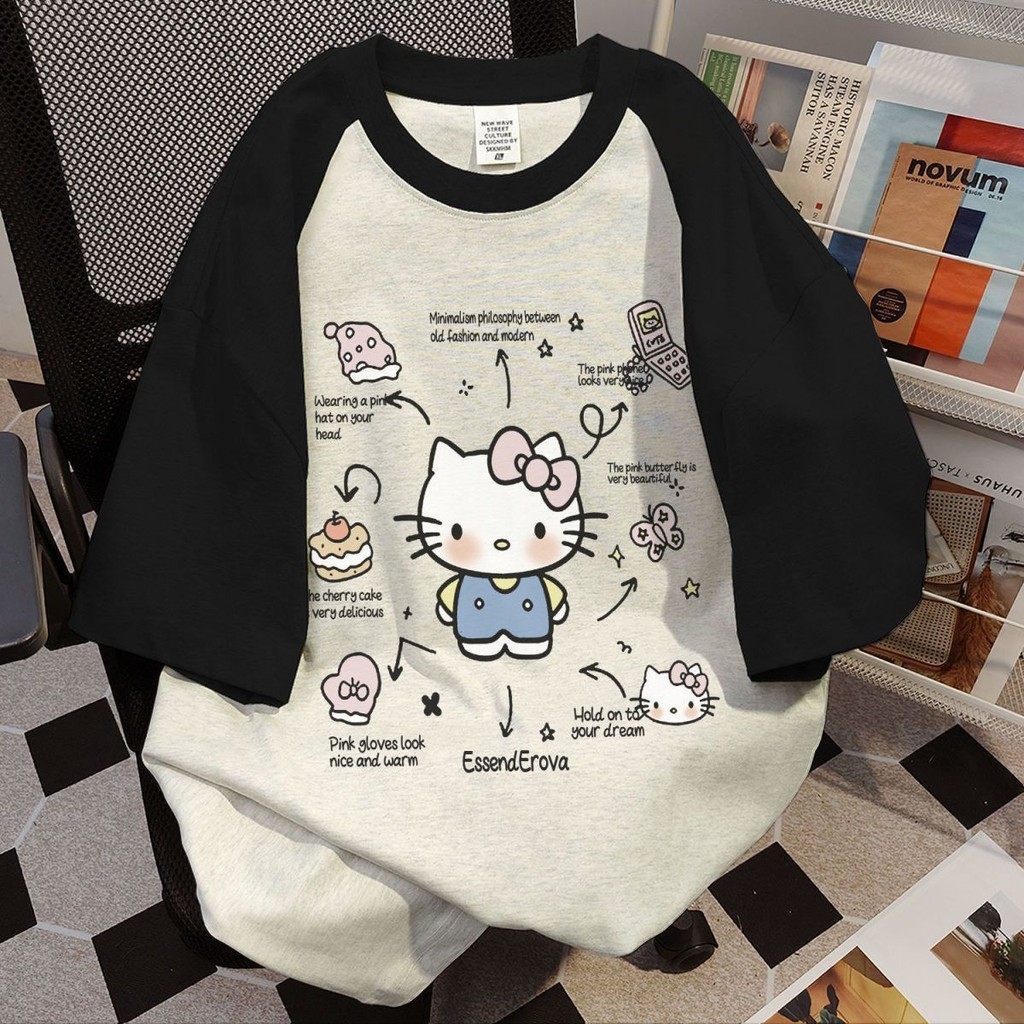 可愛短袖 短T T恤🎀寬松慵懶風撞色拼接甜酷Hello Kitty凱蒂貓印花百搭短袖t恤女上衣