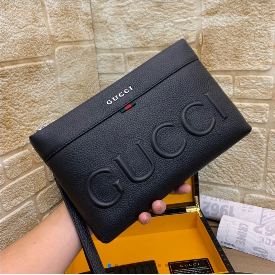 二手/全新 GUCCI 古馳黑色手包 牛皮手拿包 拉鍊款手拿包 男包尺寸28x18x3cm