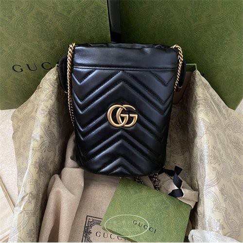 二手折扣 GUCCI(古馳) MARMONT MINI 黑色 迷你 復古金GG 束口 水桶包 575163特賣出售