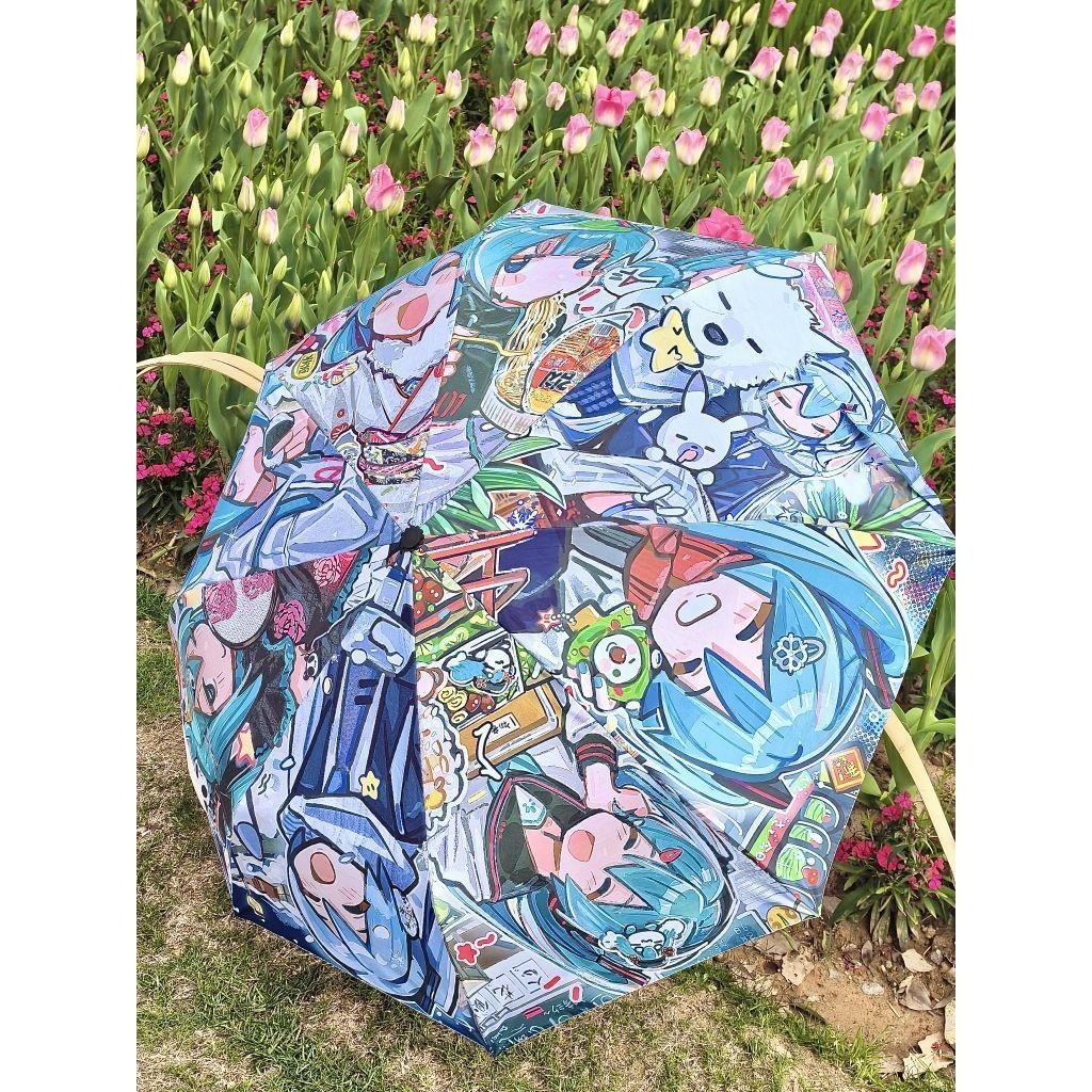美美噠~【補貼價】初音未來Miku衕人卡通印花手繪雨傘動漫週邊自動加厚防風太陽傘
